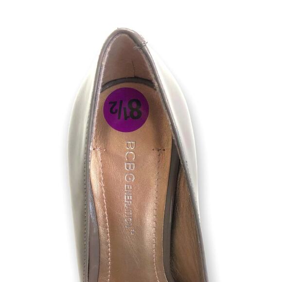 BCBGeneration Jaxx Peep Toe Heel Size 8.5 Taupe Patent Leather Platform Wedding - Picture 7 of 12
